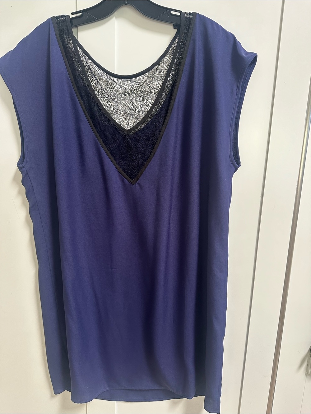 BCBG Sleeveless Purple Shift Dress with Black Lace V-Neck